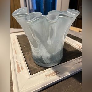 Grey Handblown ribbon top vase.